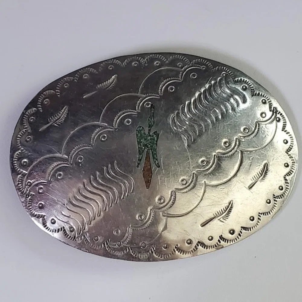 Vintage Southwestern Silver Tone Peyote Bird Chip Inlay Belt Buckle Hand Stamped